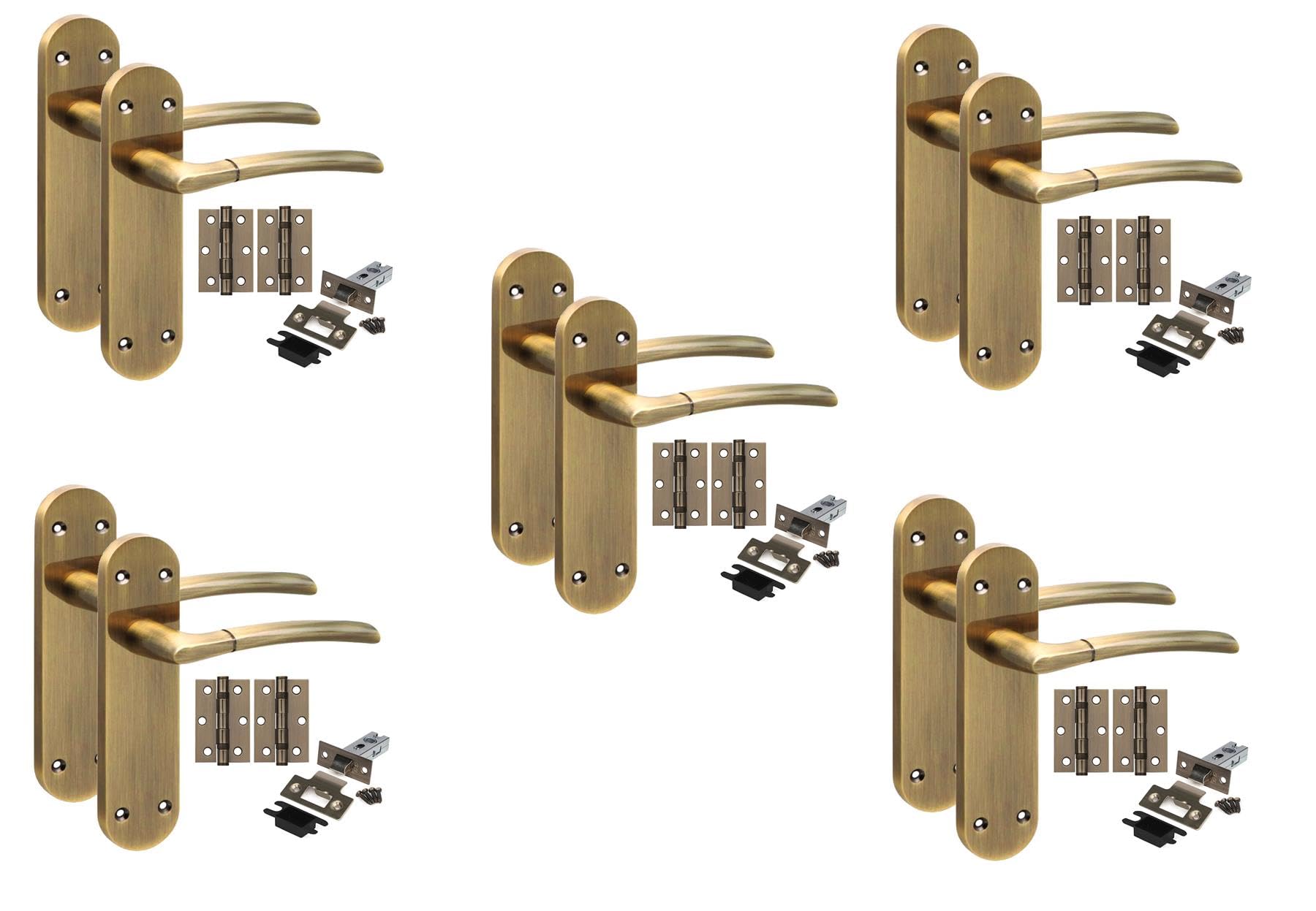Golden Grace Antique Brass 5 Pair Victorian Long Plate Indiana Design Internal Door Handle Sets 182 X 45Mm With 2.5" Latch & Hinges