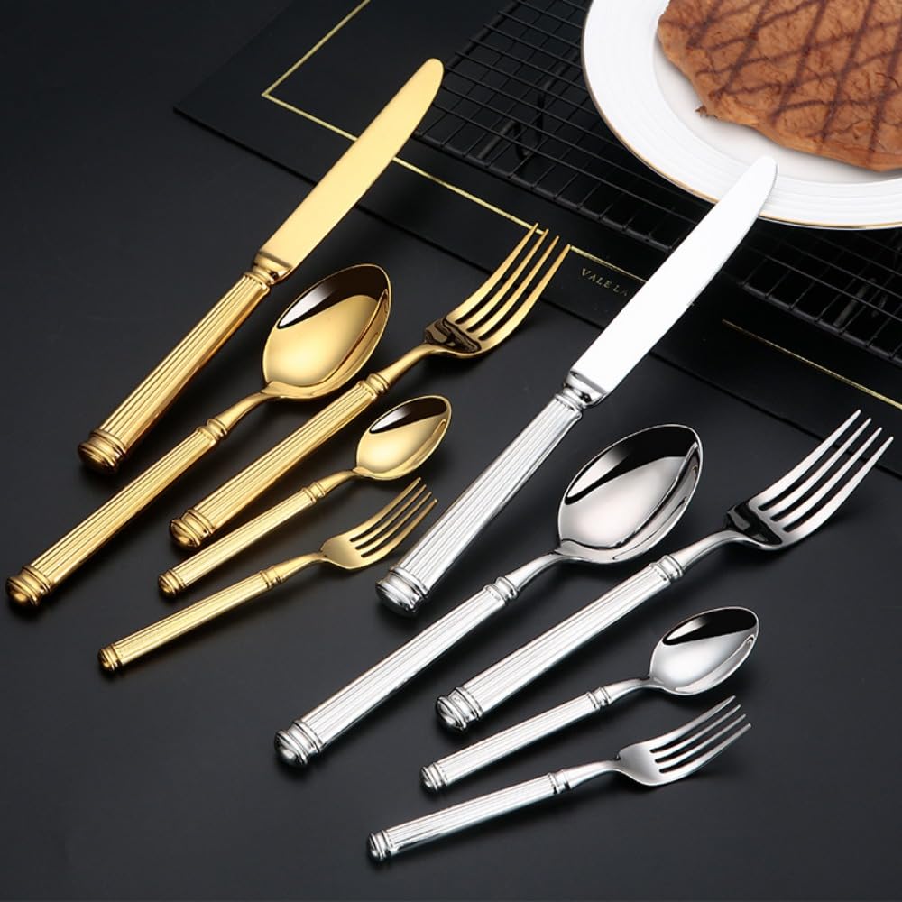Luce Di Lusso Forgiato Solido Romano Colonna Manico Cucina Acciaio Inox Argenteria Stoviglie Posate Set Bistecca Coltello Forchetta Cucchiaio Cucchiaino (Argento,20 pezzi)