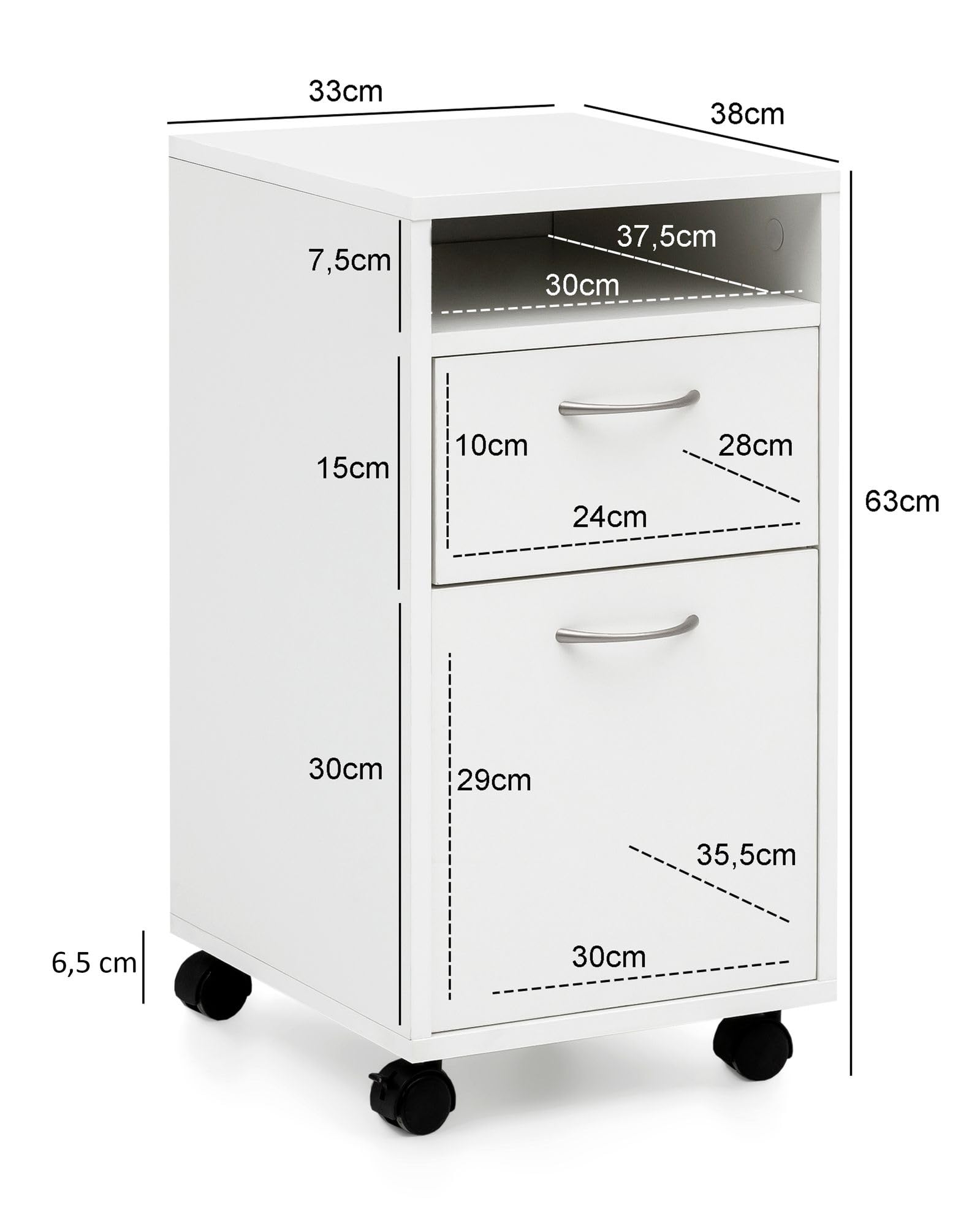 FineBuy Cassettiera con Ruote 33x38x63 cm Legno Bianca con Anta e Cassetto | cassettiera da scrivania su ruote, cassettiera da ufficio piccola, cassettiera con ruote entra sotto la scrivania