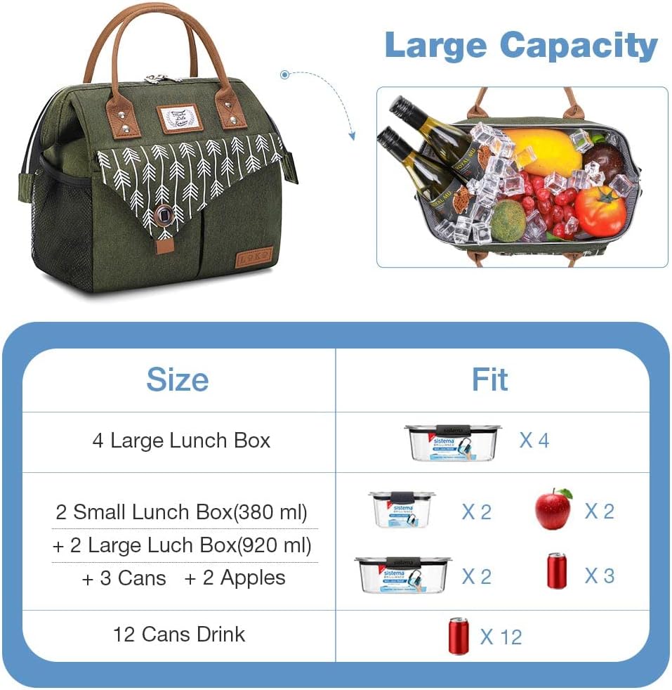 Lekesky Insulated Lunch Bag Portable Lunch Box for Office Work Picnic Beach Workout Reusable Tote Lunch Bag Organizer for Women Adult, Green - Image 3