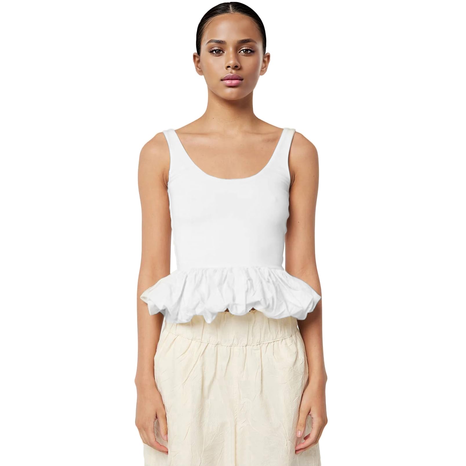 Tank Going Out Crop Top for Women — Sleeveless Ruffle Hem Casual Backless Fashion Solid Crop Tank Top (White, Regular 3#)