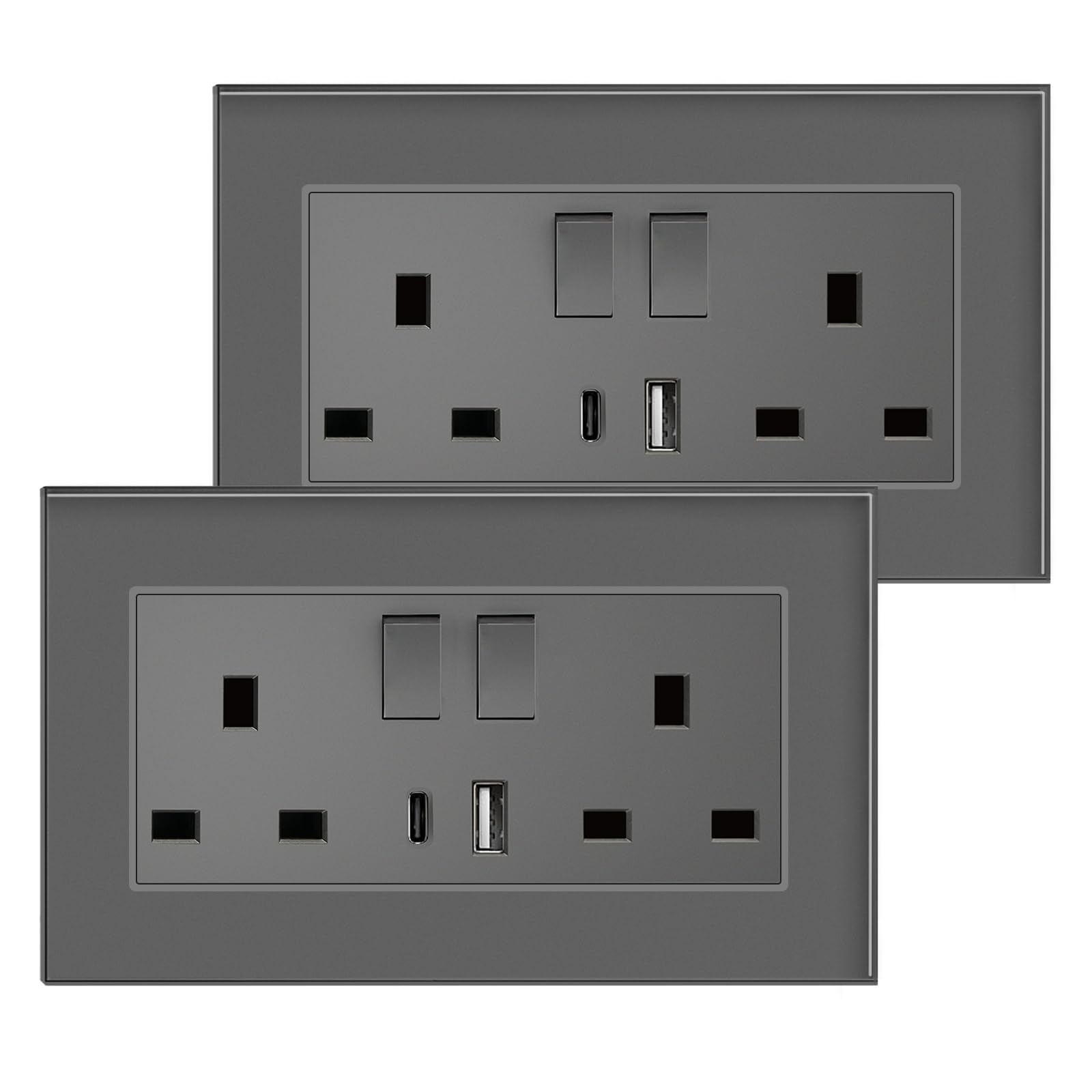 BSEED Double Switched Sockets with USB C and USB A Charging Ports, UK Standard Electric Power Sockets with Glass Panel, 2 Gang 13A Wall Socket, Grey,2 Pack