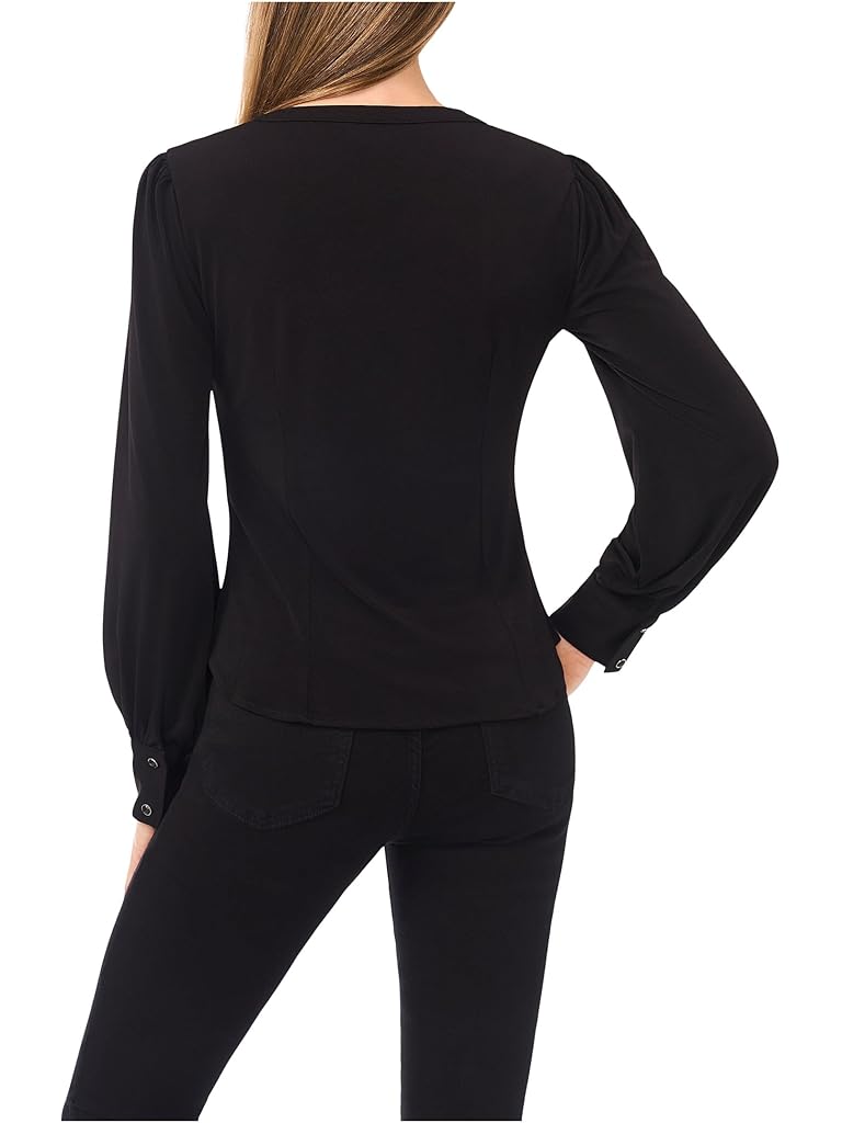 Black CeCe Long Sleeve V-neck Shirred Button Down Knit