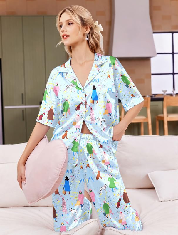 Image of Ekouaer Silk Satin Pajamas Set Women Short Sleeve Pj Sets Button Down Sleepwear 2 Piece Soft Loungewear S-XXL