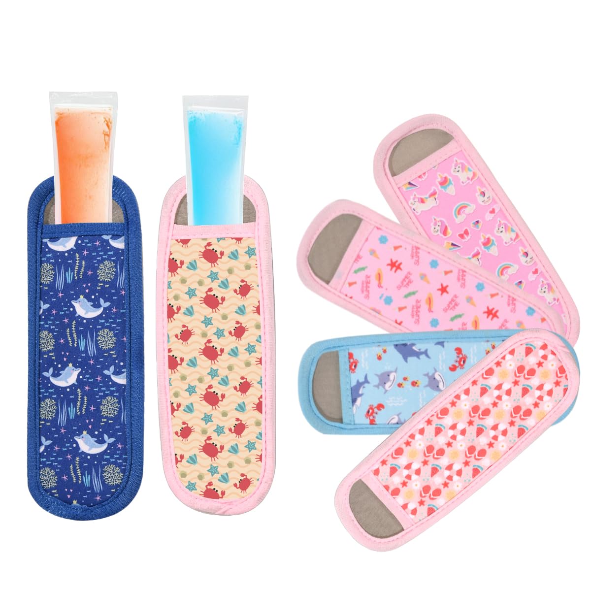 Reusable Popsicle Sleeves for Kids 6-Pack, No Drip Neoprene Ice Pop Holders - Washable Freeze Pops Sleeve Bags for Boys Girls, Anti-Freezing Treat Holder with Cute Design