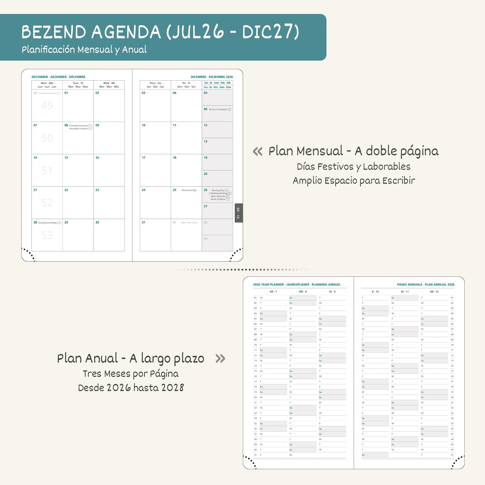 BEZEND Agenda 2026 2027 Semana Vista Pequeña 9 x 15,5 cm, 18 Meses Agenda Escolar de Bolsillo de Jul.26 a Dic.27, A6 Planificador Semanal con Tapa Dura Cuero PU - Negro