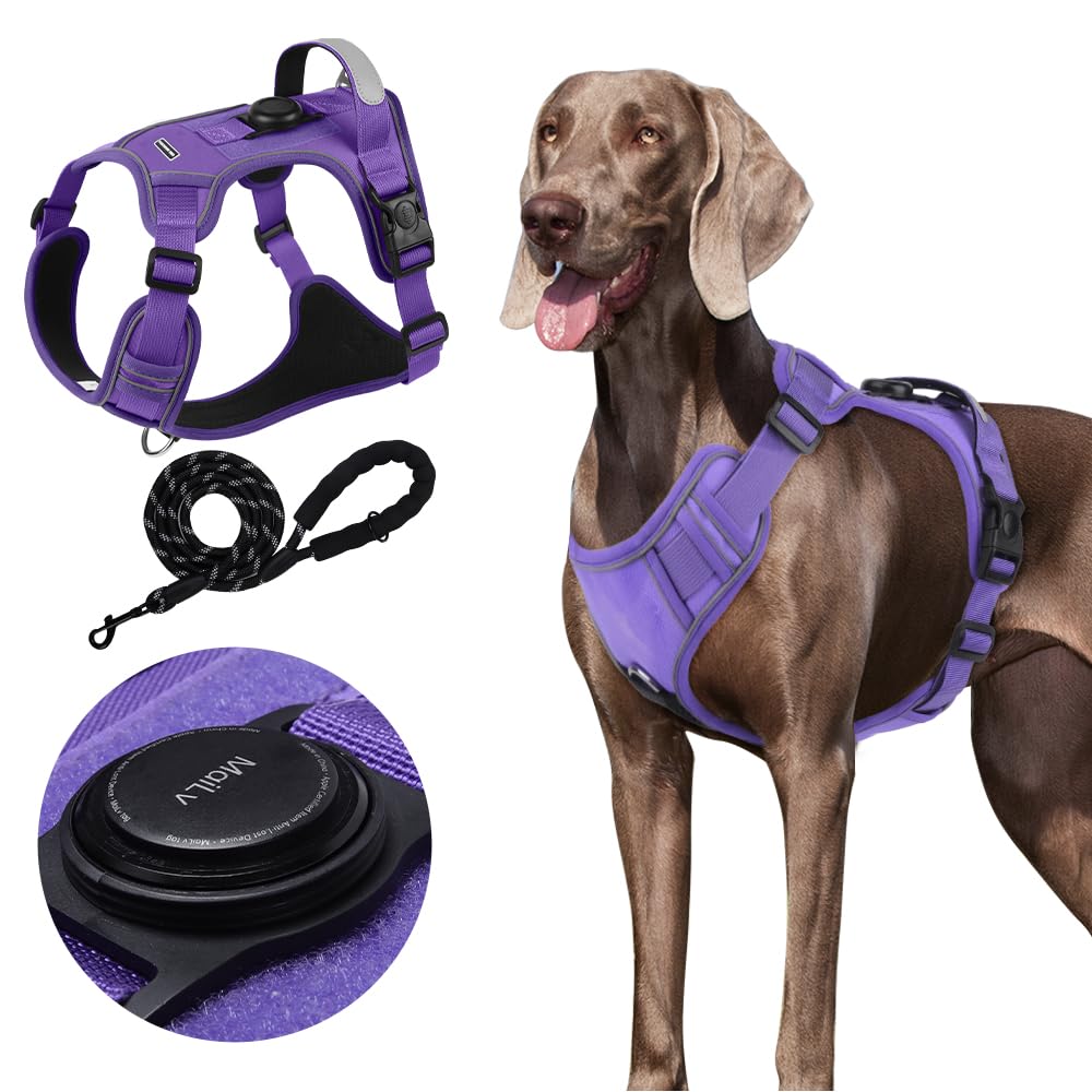 Airtag Dog Harness Chest Plate Reflective No Pull Harness with Leash for Extra Large Dogs (Purple, XL)