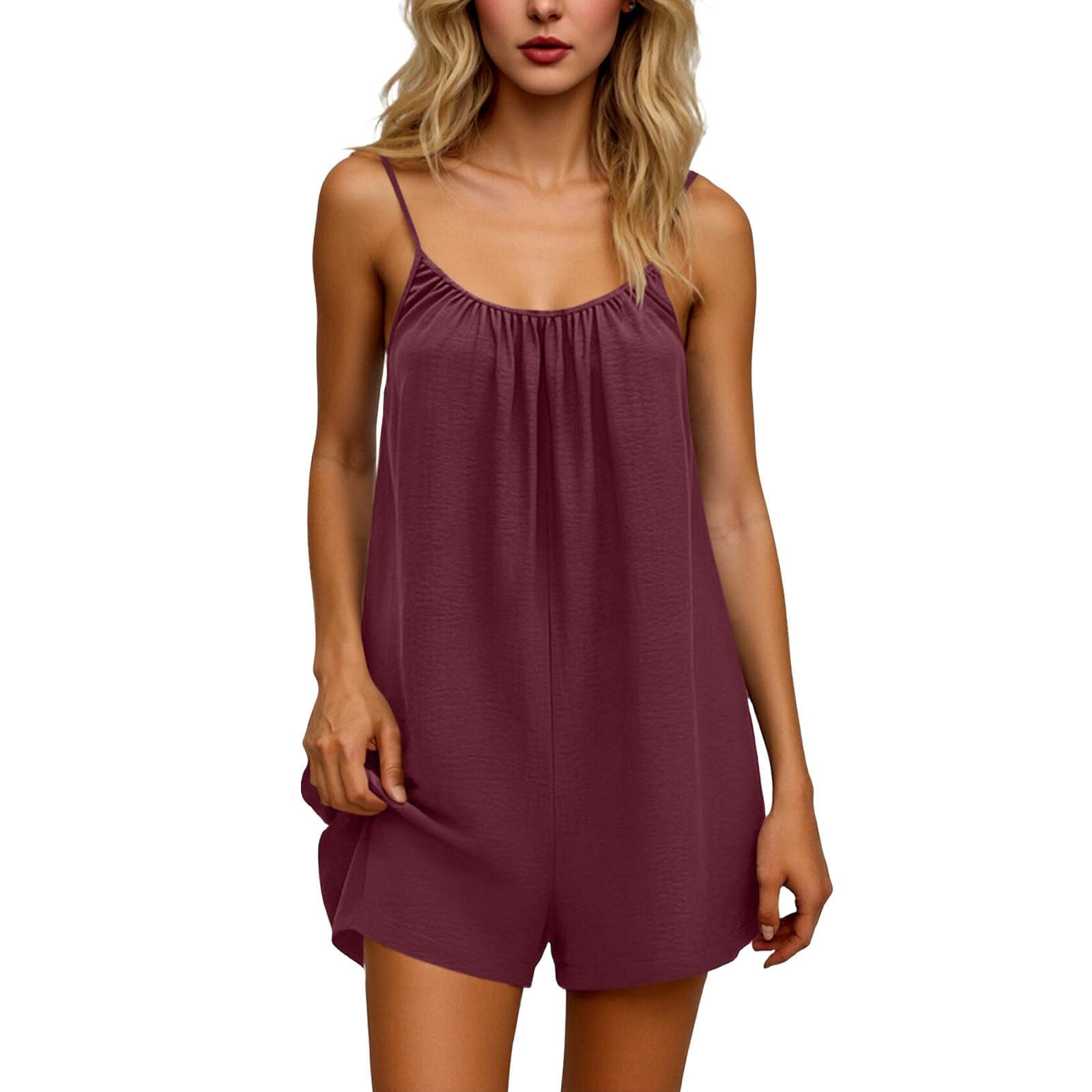 Combinaison Short Femme Lin Couleur Pure À Bretelles Fines sans Manches Vetement Femme Combishorts Baggy Casual Glamour Exquisite Combinaison Short Plage Detente