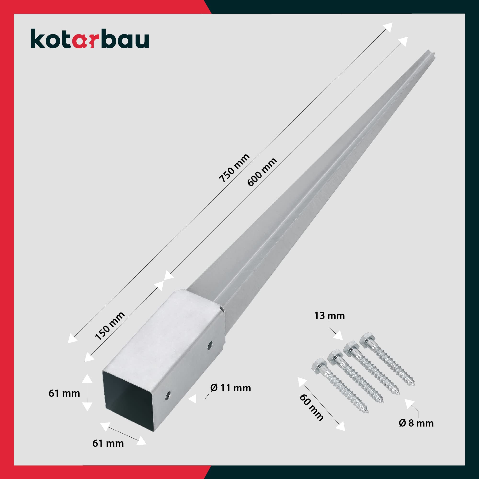 KOTARBAU® Set de 4 Unidades Soporte Poste Madera - Acero Galvanizado - 75 cm - Plata - Soporte para Clavar en Tierra - 61 x 61 mm - Piqueta para Poste - con Punta - Resistente a la Corrosión