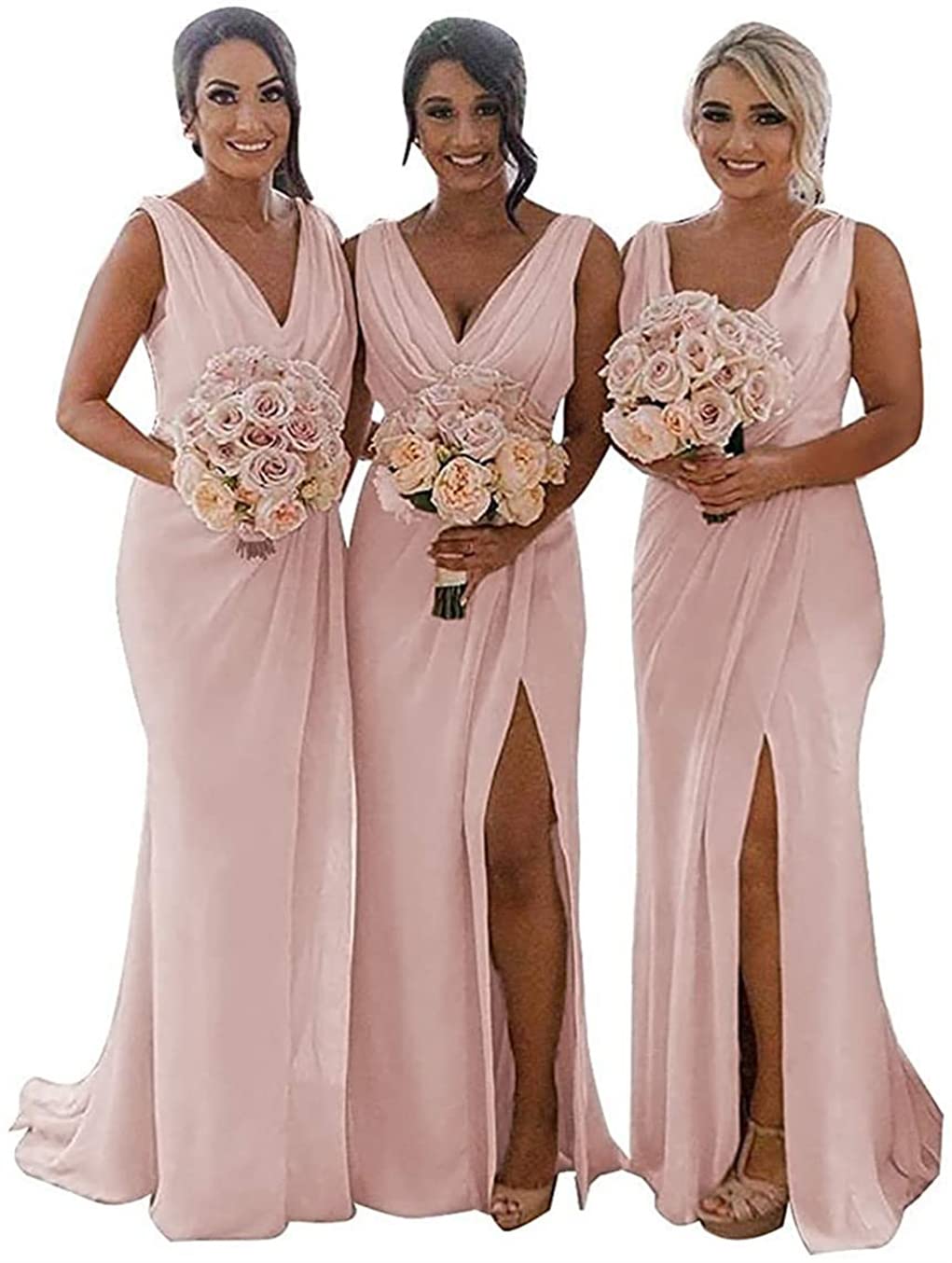 YIANN Blush Pink Bridesmaid Dresses for Women Pleated Chiffon Long Formal Dress Evening Gown with Slit Wedding Guest UK12