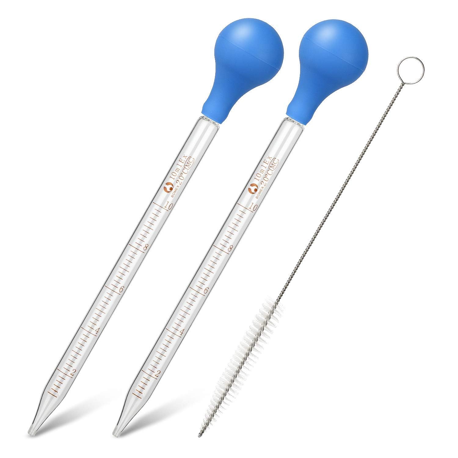 2 Pcs Glass Graduated Dropper Pipette for Liquid Essential Oil, 10ml Lab Dropper Pipettes Transfer with Rubber Cap and 1 Pc Cleaning Brush