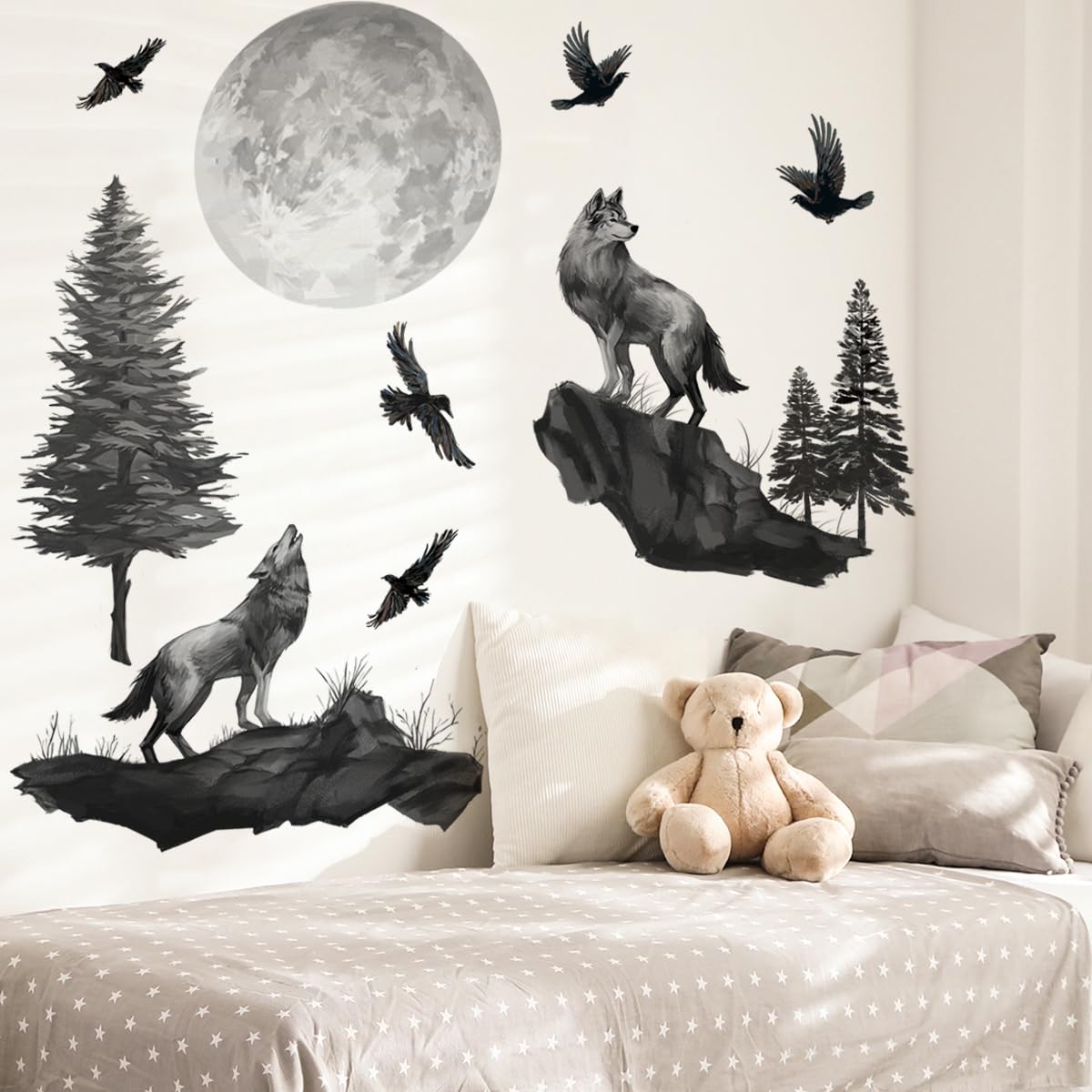 Runtoo Wolf Moon Wall Decals Black Mountain Forest Animals Birds Wall Art Stickers for Nursery Bedroom Living Room Decor - Image 3