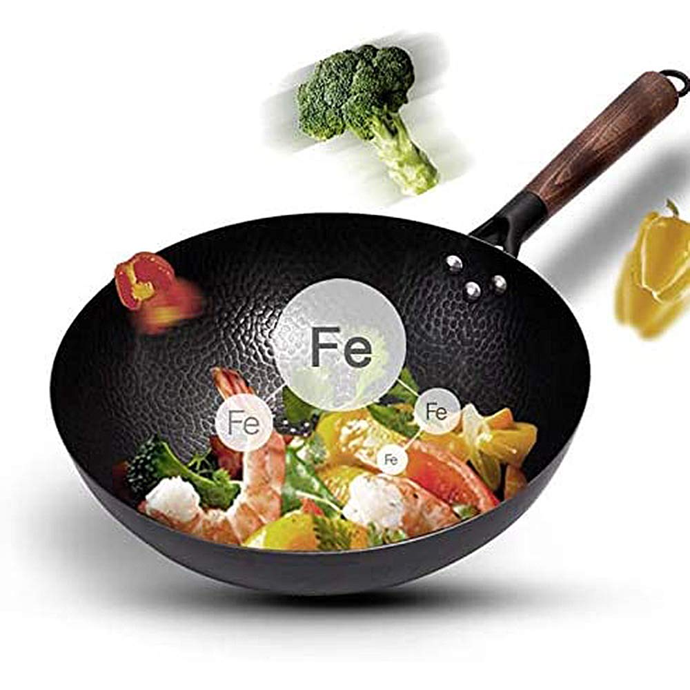 Wok in ferro da 32 cm, realizzato a mano, con coperchio in legno, antiaderente, non rivestito, per fornelli a gas e fornelli a induzione, wok universale per cucinare in stile tradizionale (coperchio