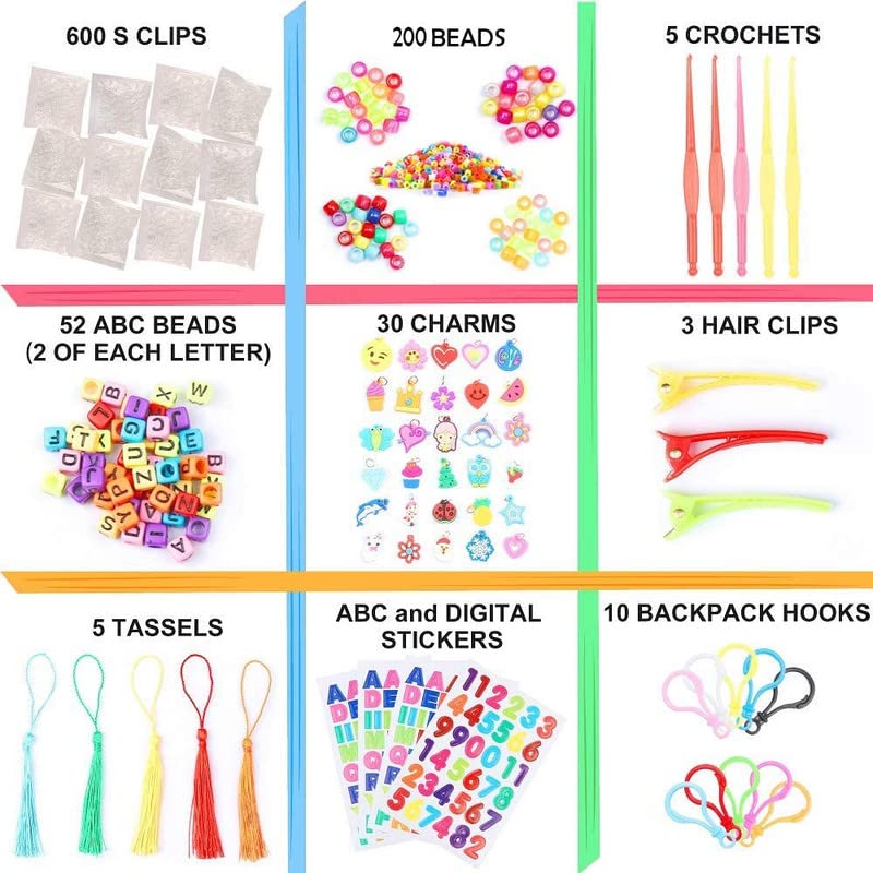 11900+ Rainbow Rubber Bands Refill Kit, 11,000 Loom Bands, 600 S-Clips, 52 ABC Beads, 30 Charms, 10 Backpack Hooks, 200 Beads, 5 Tassels, 5 Crochet Hooks, 3 Hair Clips, ABC Stickers By INSCRAFT