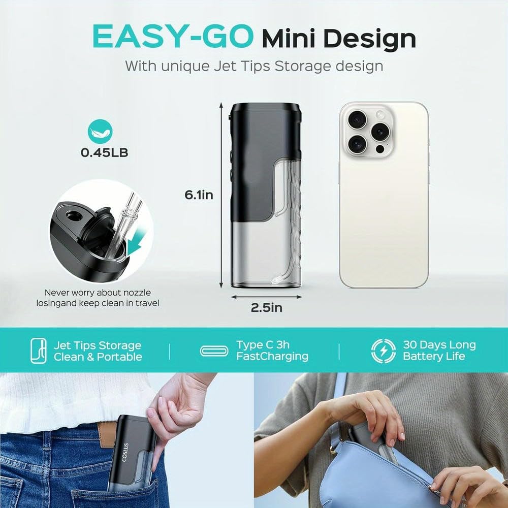Irrigador bucal inalámbrico Agua, Mini Palillos de Hilo Dental con boquillas de Chorro, Tanque extraíble para Limpieza Dental.