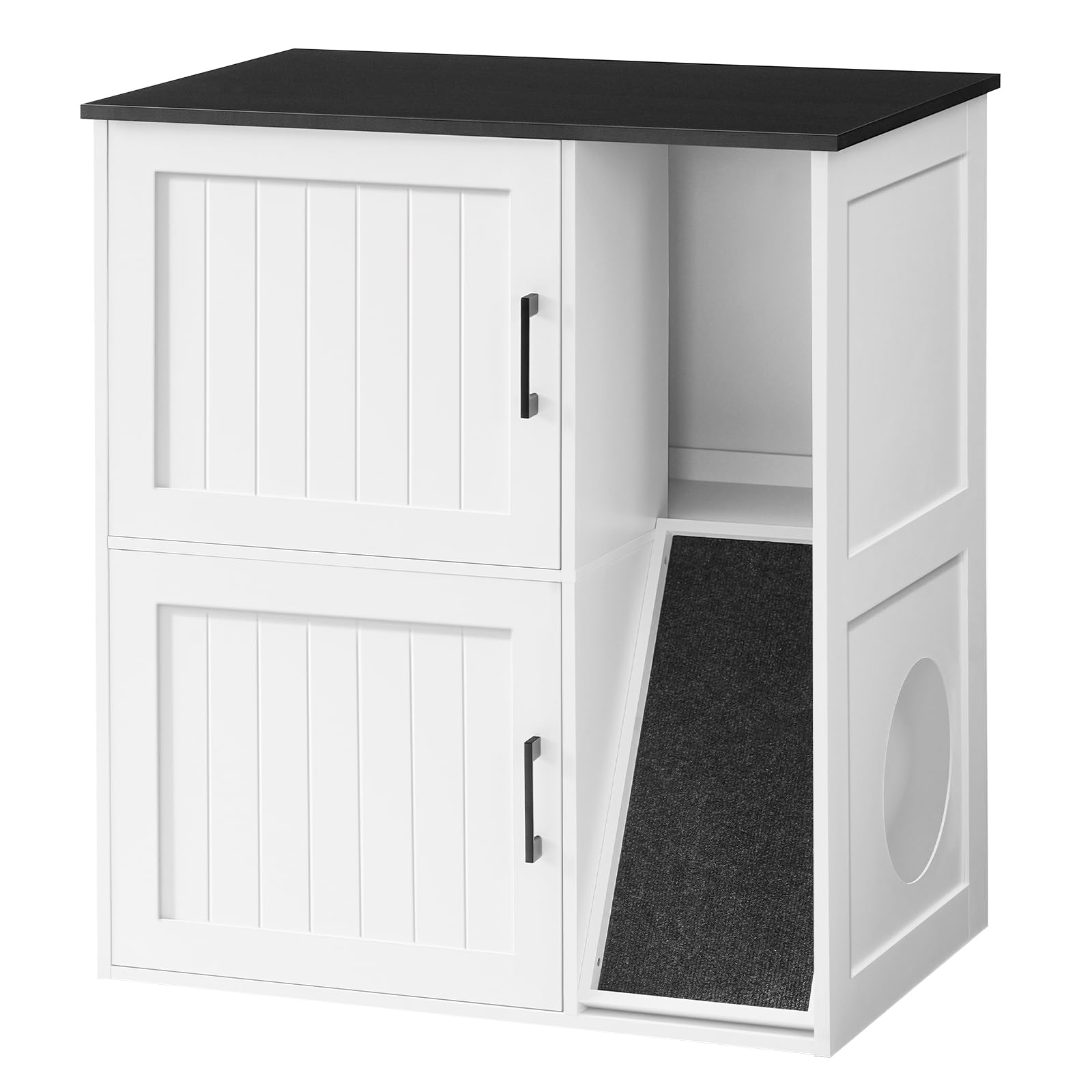 Litter Box Enclosure for 2 Cats, Hidden Litter Box Furniture with Scratch Pad, Double Litter Boxes Enclosure, Wooden Cat Washroom, Indoor Cat House End Table, White and Black CWBB3201