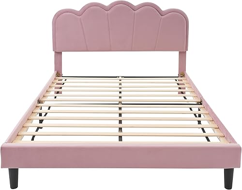 Miniatura 5 de Merax Moderna plataforma de cama tapizada de terciopelo con cabecera con alas LED, no necesita somier, fácil montaje, tamaño Queen, color rosa