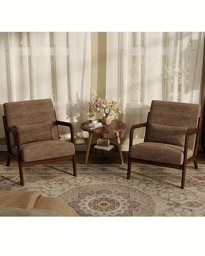 Garvee Mid-Century Chenille Accent Chair Set of 2, Cozy Reading Chair, Modern Lounge Armchair with Lumbar Pillow, Sturdy Wood Frame, for Living Room, Bedroom, Office, Brown