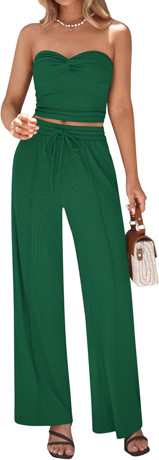 BTFBM Two Piece Sets For Women Summer Ribbed Strapless Twist Knot Tube Top Pants Set Casual 2026 Beach Vacation Outfits - Image 6