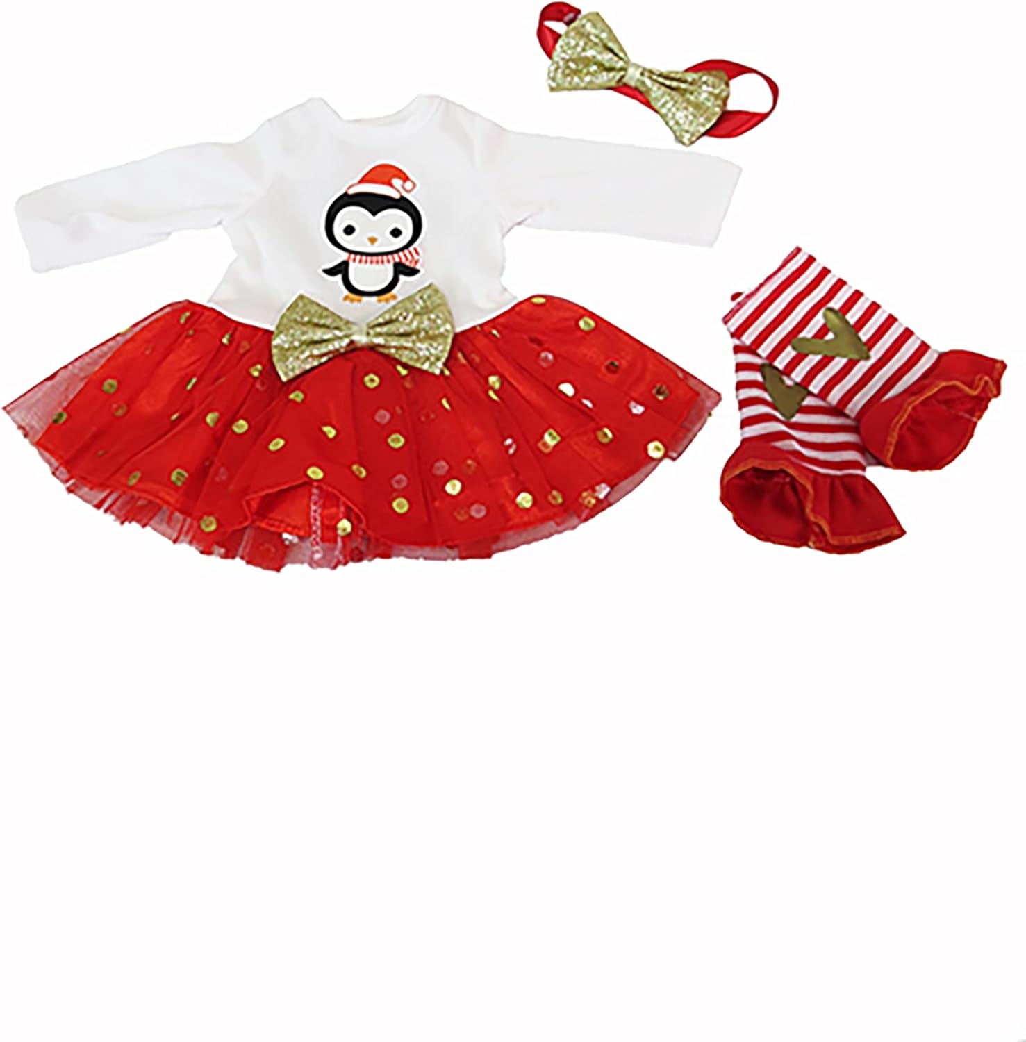 Red & Gold Penguin Long Sleeved Dress Outfit with Bow Headband for 18-Inch Dolls | Premium Quality & Trendy Design | Dolls Clothes
