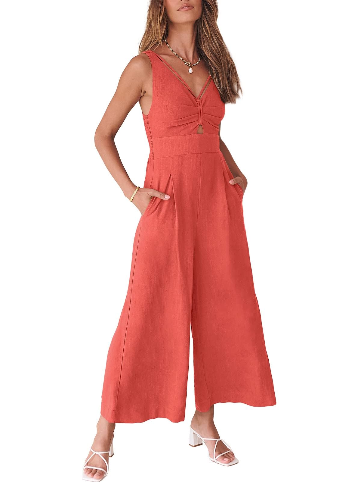 ANRABESS Womens Jumpsuits Summer Linen Wide Leg Sleeveless V Neck Casual Dressy Rompers Pants 2026 Spring Vacation Outfits Small Peach