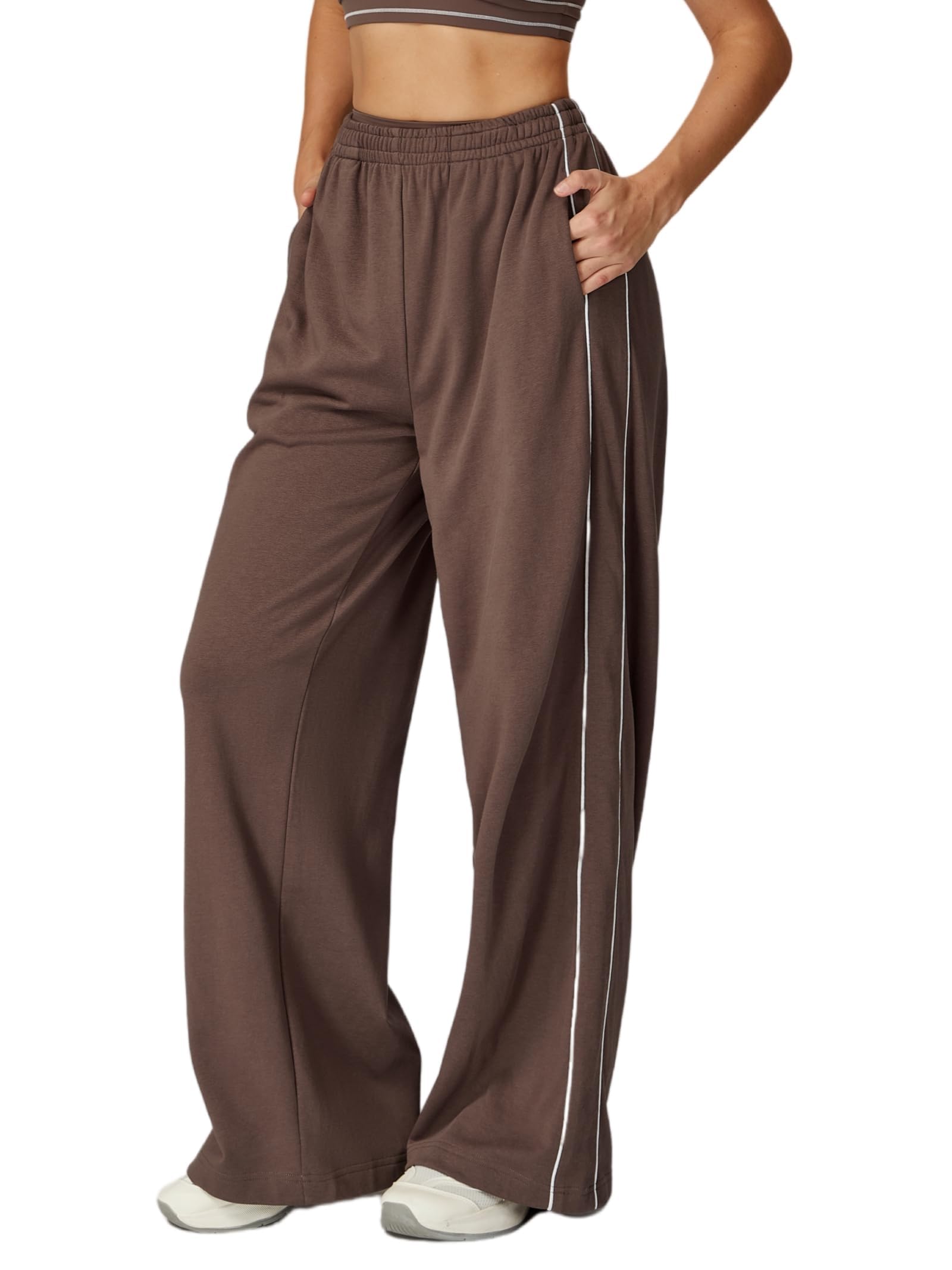Damska prosta nogawka podwójna STRI Loungewith Wide Leg High Waist Baggy Track Elastyczna talia Bawełna Stretch Kontrast
