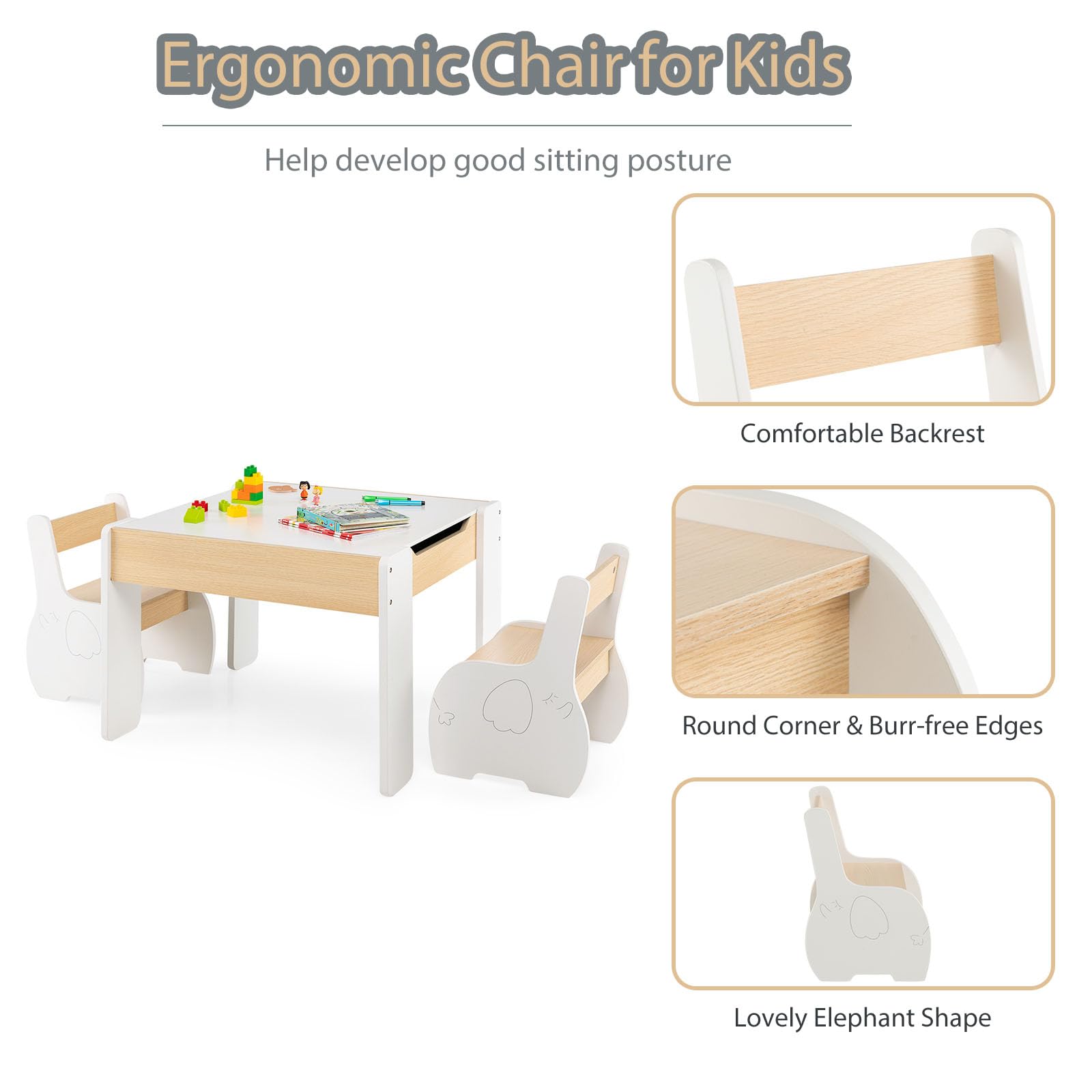 LIFEZEAL Kindertafel met 2 stoelen, houten tafelset met opbergruimte, multifunctionele activiteitstafel, kinderzitgroep voor kinderen vanaf 4 jaar, beige