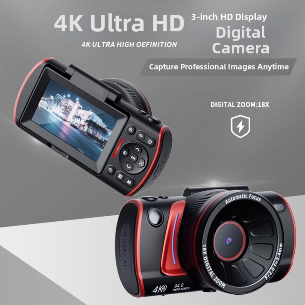 Fotocamera digitale 4K con schermo flip a 180° e WiFi, foto da 64 MP, zoom 18x, HD compatta per videocamera per vlogging e viaggi (bianco)