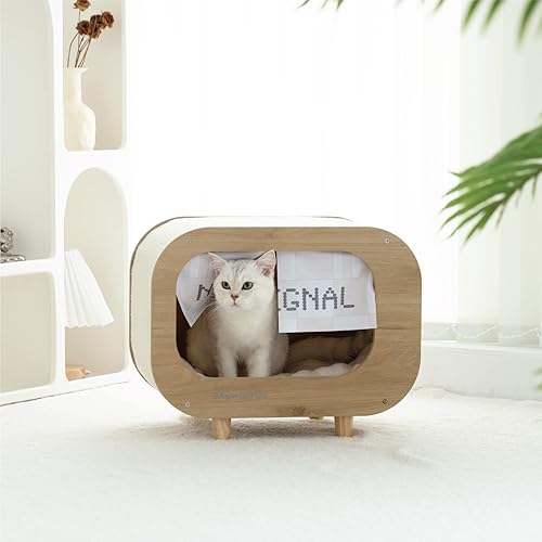 MEWOOFUN Casa de TV para gatos de interior, casa de madera para gatos, cama para gatos, refugio para gatos con cojín reversible suave, cortina de
