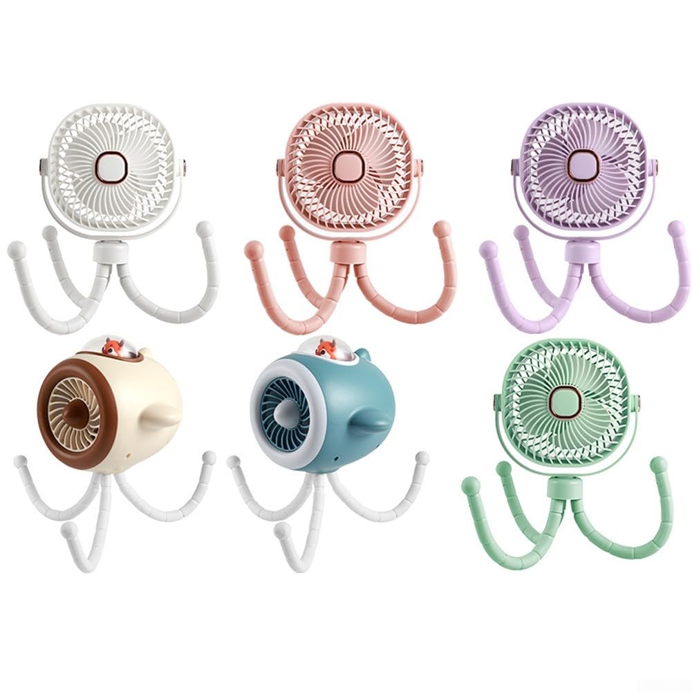 Tragbarer Kinderwagen-Ventilator, 8000 mAh, mit 360-Grad-Drehung, LED-Licht, abnehmbarem Kopf und 4 Geschwindigkeitsoptionen für den Einsatz (Rosa)