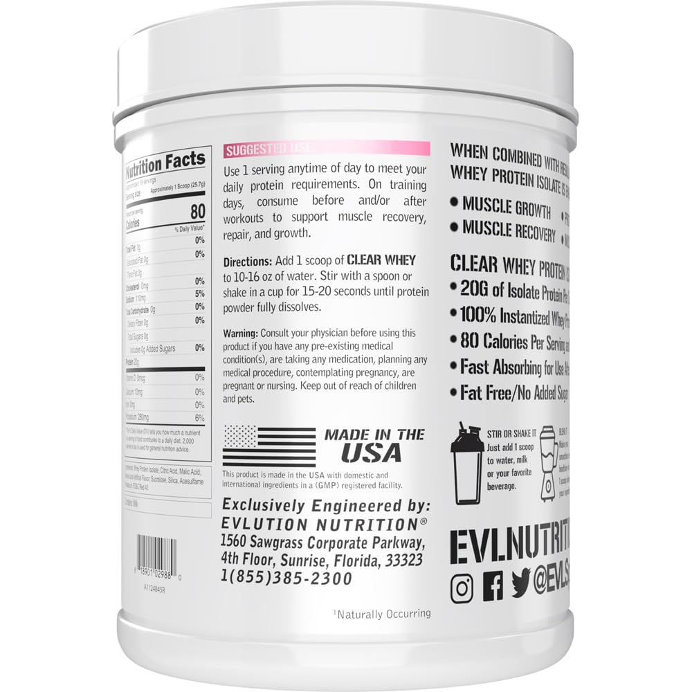 Evlution Nutrition Clear Whey - 100% aislado de proteína de suero - para crecimiento muscular, fuerza y recuperación - 20 g de proteína aislada por porción - Absorción rápida - Sin gluten y grasa - 1