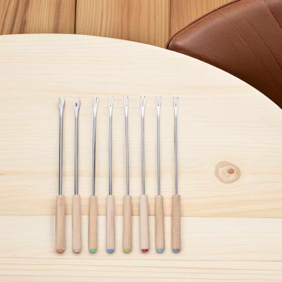 12pcs Stainless Steel Hot Pot Forks with Wooden Handles, 9.43inch Two-pronged Reusable Fondue Forks for Cheese Chocolate and Fruit Serving, Heat-resistant Cutlery Set for Dining