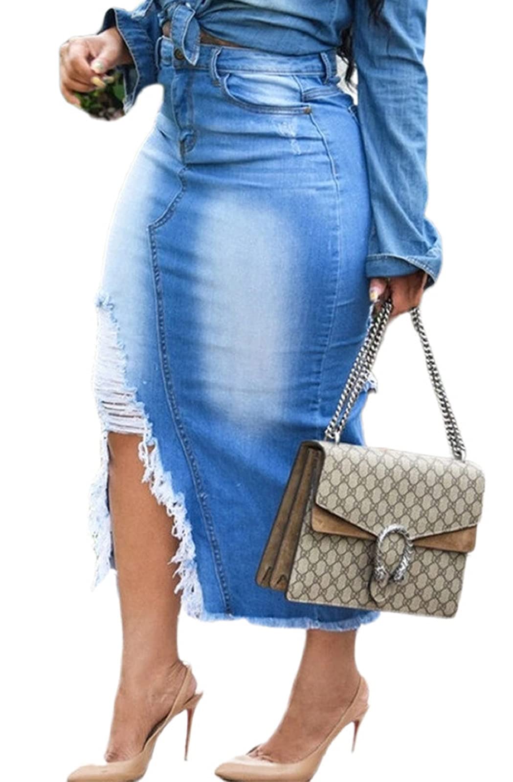 Women's Casual Slit Denim Midi Jean Skirt Stretch High Waisted Button Up Frayed with Pockets