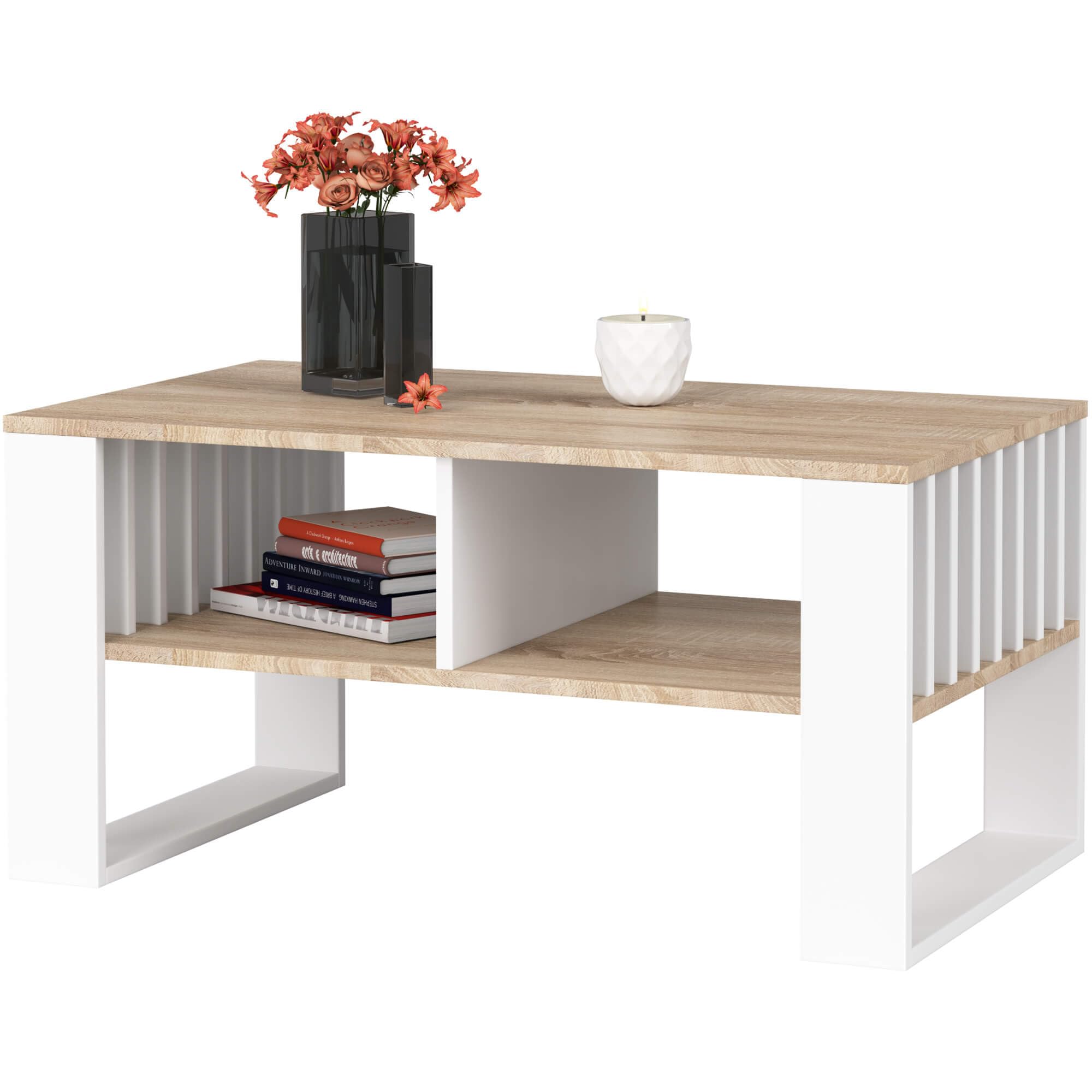 AKORD Mesa de Centro Rockford Roble Sonoma 92 cm con Estructura de Patas Blancas A92xL45xF53 cm