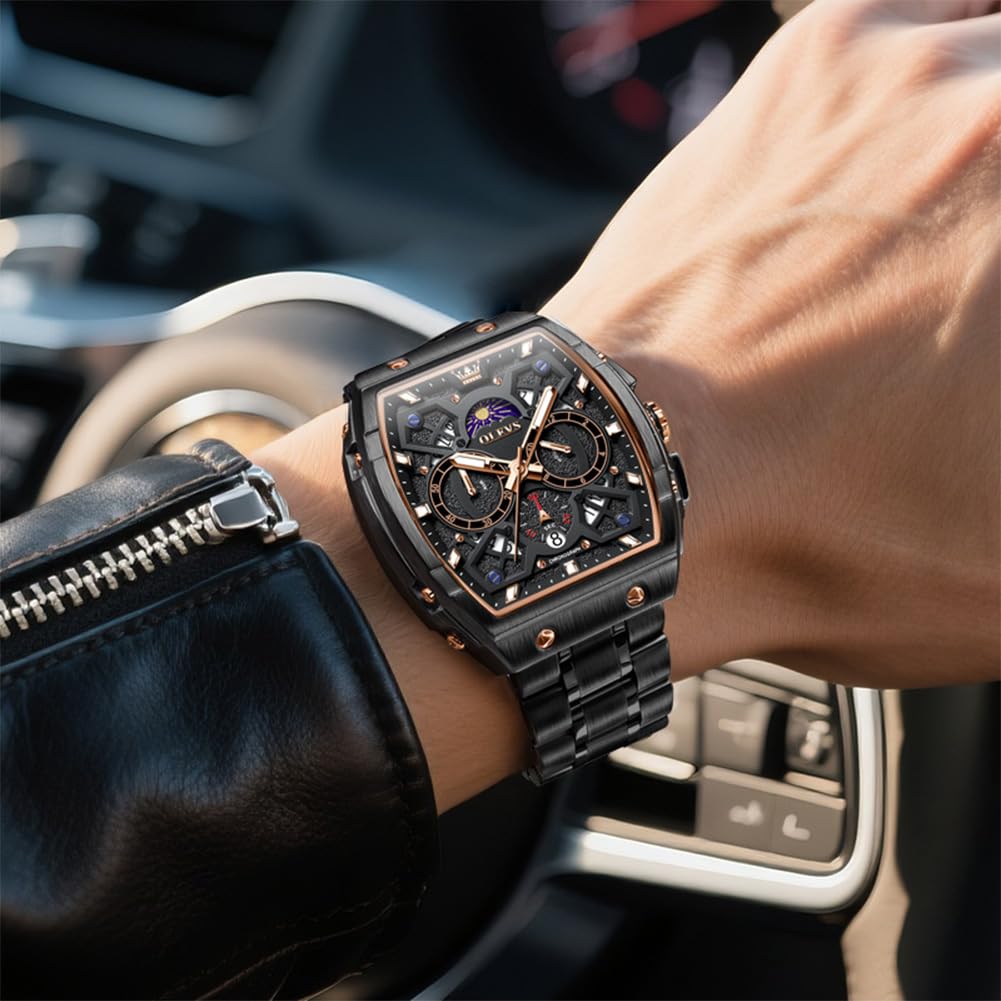 OLEVS - Orologio da uomo con diamanti, impermeabile, luminoso, con quadrante grande dorato, lussuoso, casual, al quarzo, con data, calendario e cinturino in acciaio inox