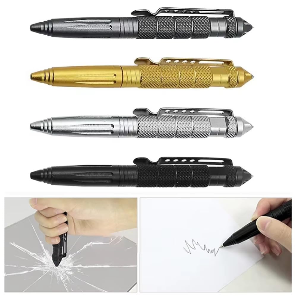 Lot de 2 stylos tactiques multifonctions avec tête en acier tungstène - Outil EDC - Cadeau pour homme (argenté + noir)