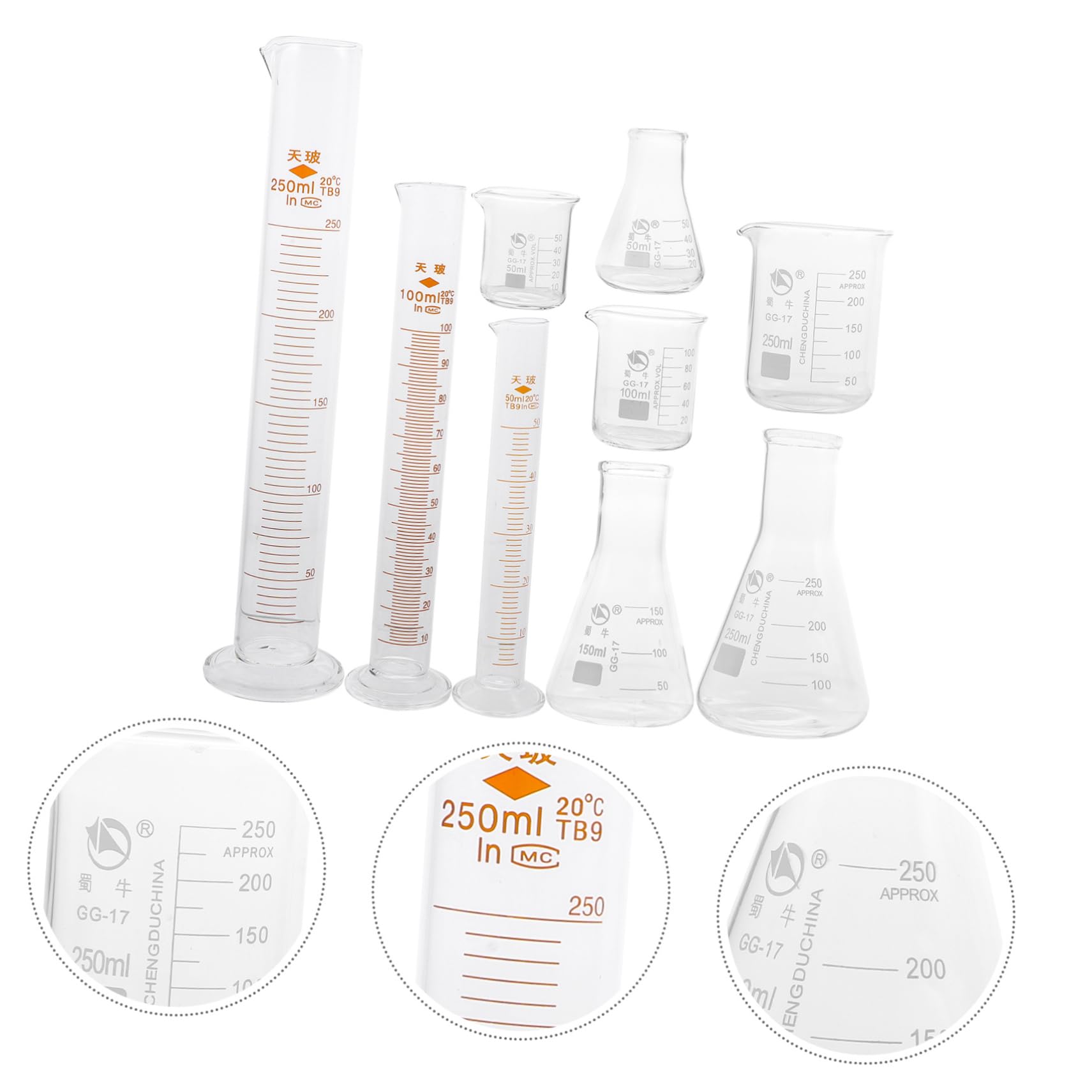 BRIGHTFUFU Professional 9pc Glass Laboratory Tool Set Beakers Cylinders Measuring Cup Scale Conical Flask Heat Resistant for Students Teachers