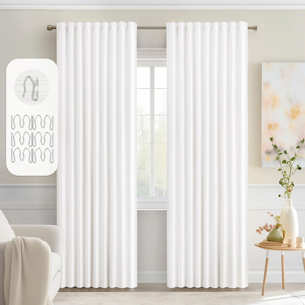 MIULEE Pure White Back Tab Blackout Curtains 90 Inches Long 2 Panels Set for Living Room Bedroom Privacy, Rod Pocket/Pinch Pleat Thermal Insulated Room Darkening Pleated Light Blocking Drapes 52"W x 90"L (Pack of 2) Pure White