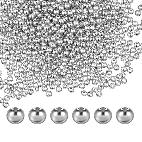 Lot de 2000 perles d'espacement rondes et lisses en argent de 3 mm pour la fabrication de bijoux, petites perles d'espacement rondes en argent avec trou