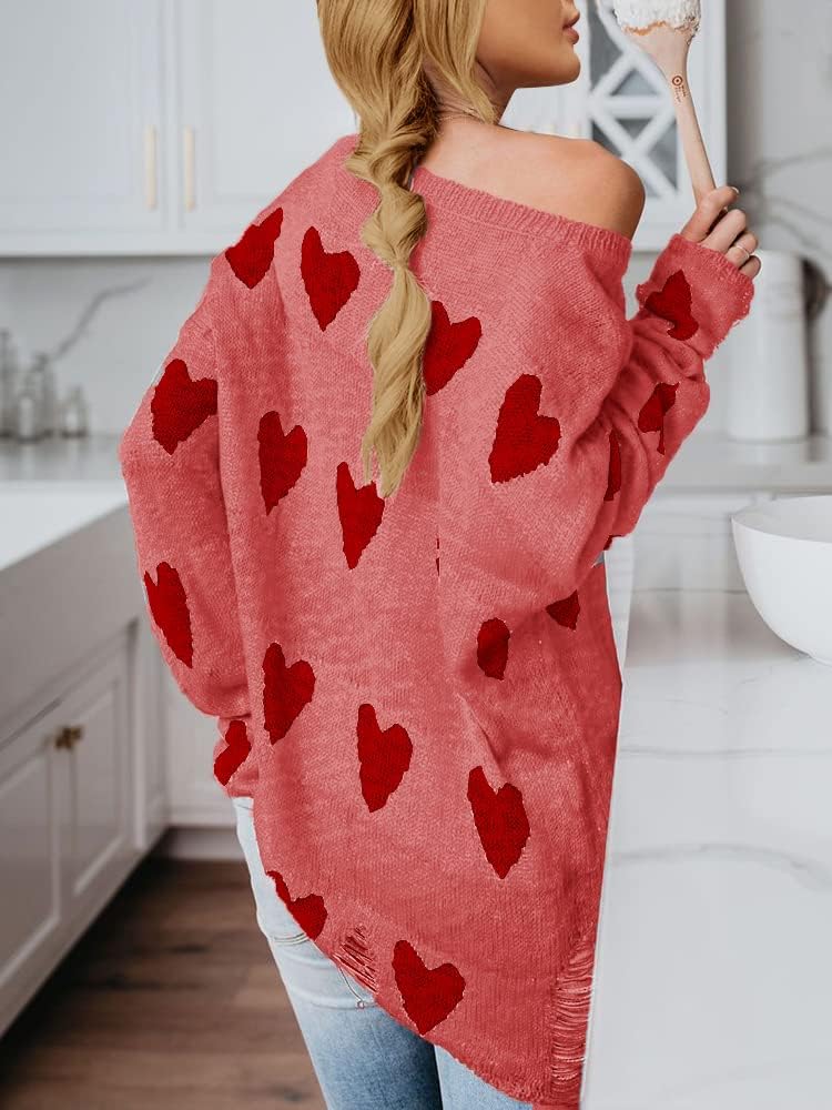 Tutorutor Womens Cute Love Heart Print Sweaters Oversized Off The Shoulder Loose Knitted Valentine Pullover Blouse Top - Image 5