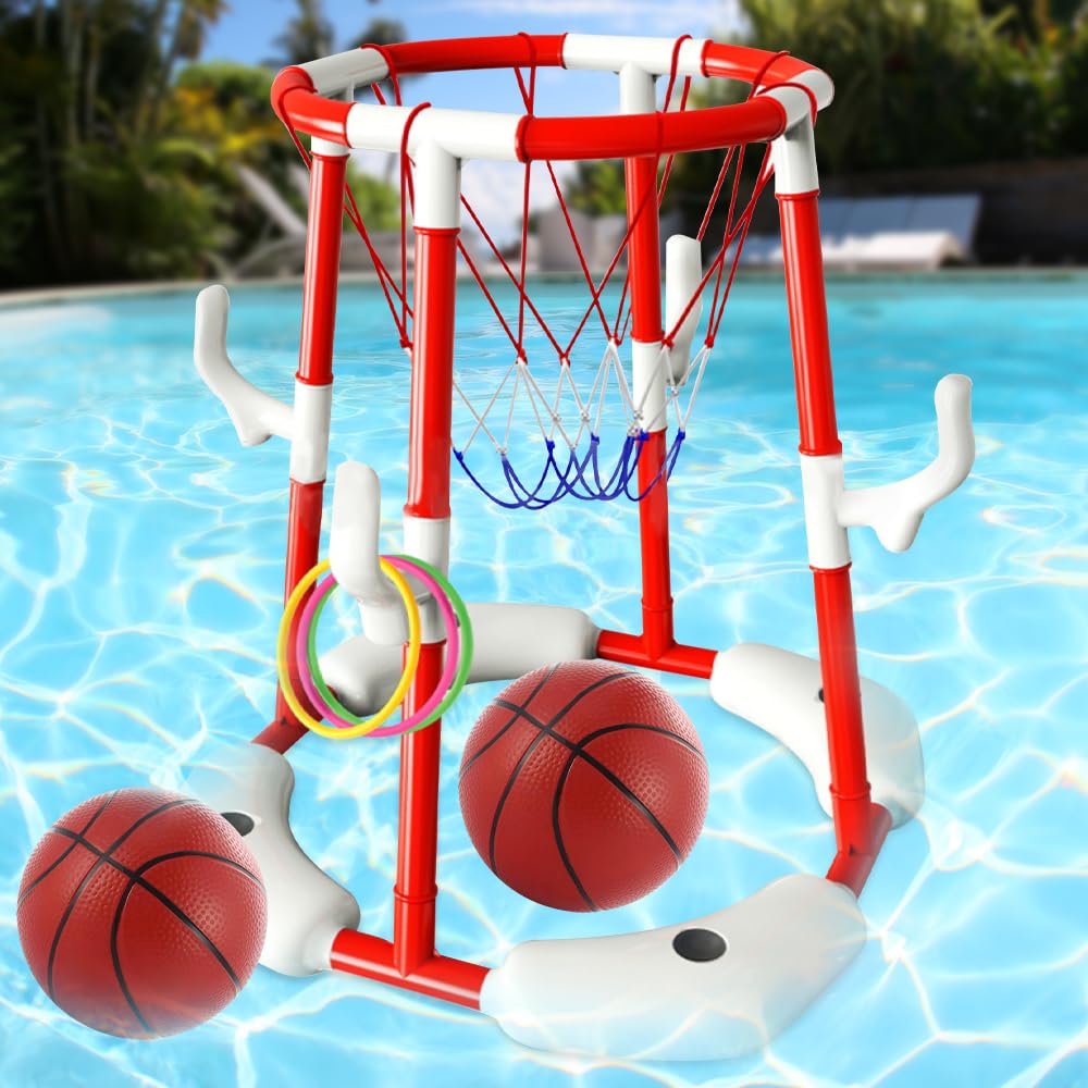 Pool Basketballkorb, Wasser Basketballkorb mit Poolbällen, Wurfringe und Pumpe, Basketballkorb Pools, 1Pool Basketball, 1Pool Spielzeug Kinder und Erwachsene für Draußen Familien Pool Party