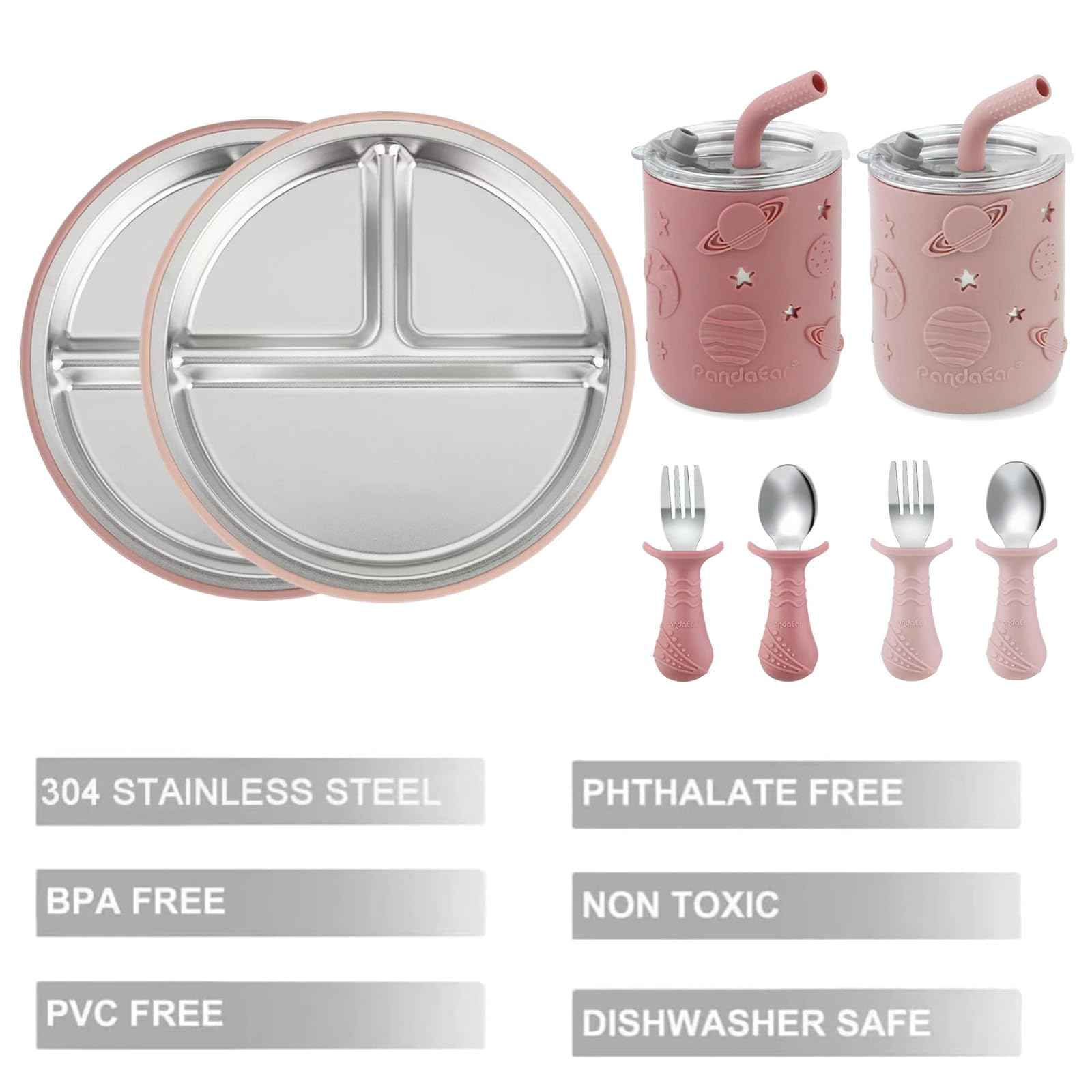 PandaEar 8 Pack Stainless Steel Baby Feeding Set, Pink - Image 3