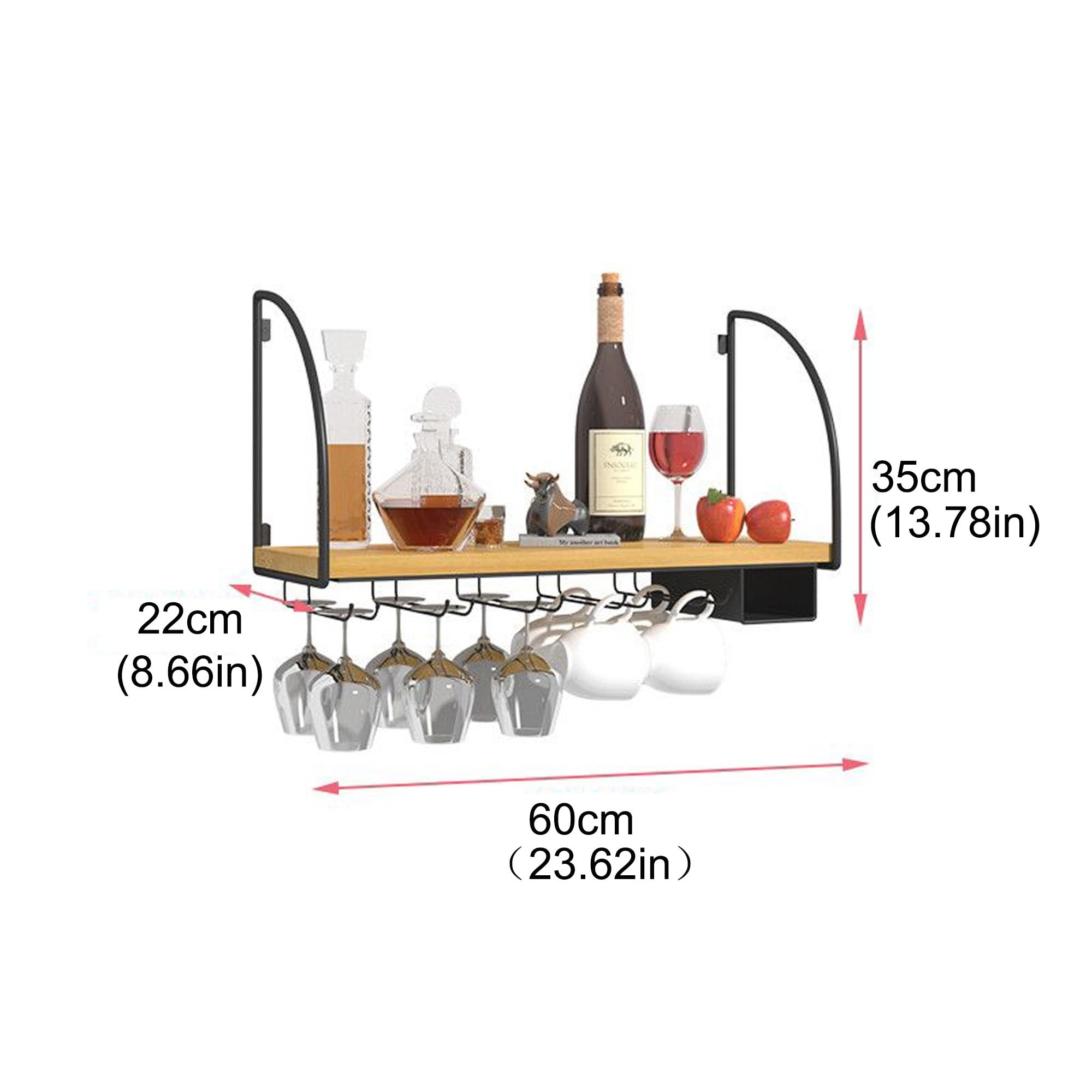 Weinregal Wand Klein Flaschenregal Schmal Wine Rack Bar Regal Wand Weinschrank Hausbar Barschrank mit Weinglashalter Weinständer Getränke Regal für Bartheke Wohnzimmer(Nero,60cm(23.62in))