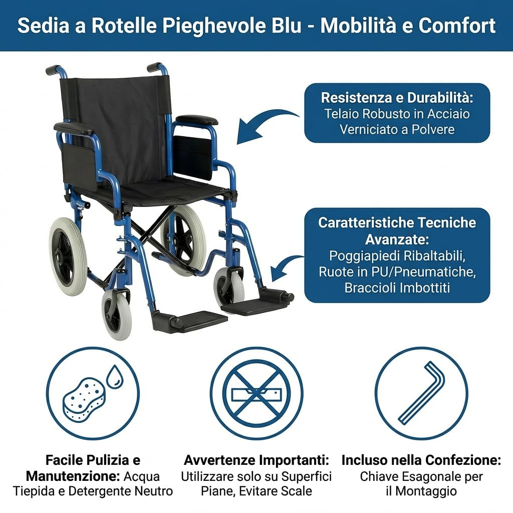 App Life Sedia a Rotelle Pieghevole Leggera Transito per Disabili ed Anziani, Dispositivo Medico di Classe I con Braccioli, Pedane ribaltabili ed Estraibili Blu