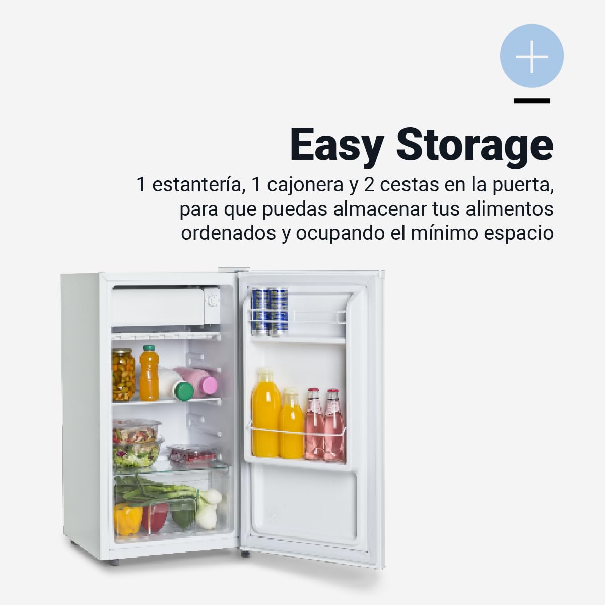 UNIVERSALBLUE Frigorífico Mini Bajo Encimera 90L Blanco - Puerta Reversible, Bajo Consumo, Congelador 0º a -3º, Almacenamiento Fácil, Luz Interior | Nevera Mini