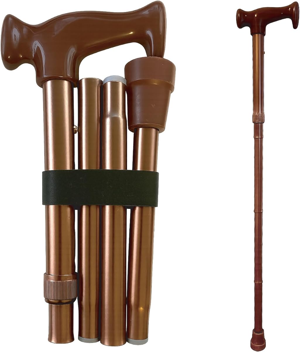 Bastón plegable ajustable con mango ergonómico, ligero, resistente y soporta hasta 250 libras, ideal para viajes, bastón, bronce