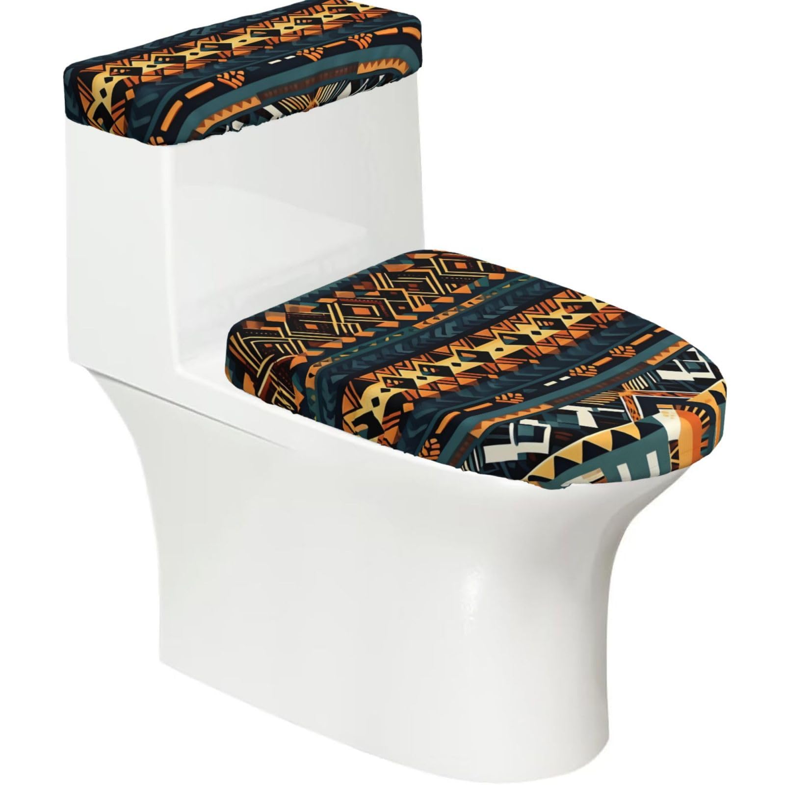 Cntdbu Black African Tribal Ethnic Texture Stretchy Toilet Lid And Tank Cover Set-Soft Elastic Bathroom Decor For U Shape Oval