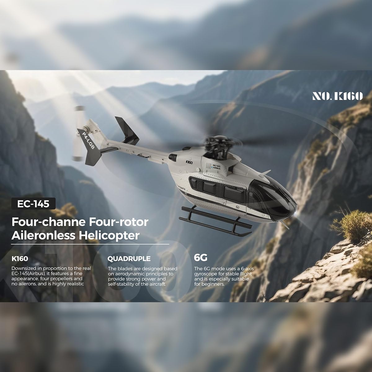 WL-K160 EC-145 RC Hubschrauber Modell, 2.4G 4-Kanal Helikopter mit Höhenhaltung & 6-Achsen Gyro Stabilisierung, EIN-Tasten Start/Landung, für Indoor & Outdoor Flug, Geschenk für Anfänger