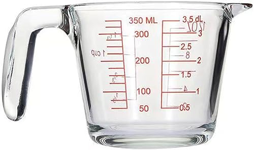 Vaso medidor de vidrio, 1 13 tazas de vidrio templado para medir, 12 onzas, con mango y 3 escalas (OZ, taza, ML), transparente, lavavajillas,