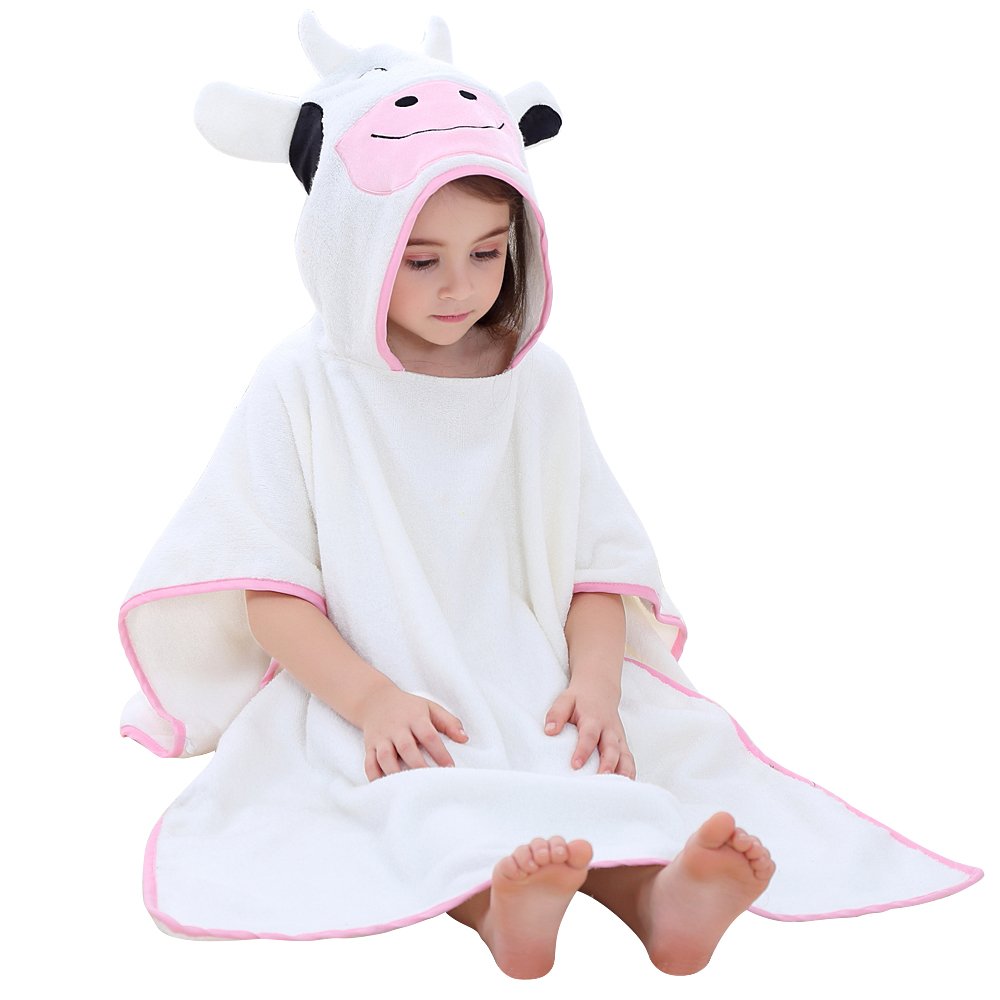 JIAN YA NA Serviettes Kids'Bath Strandkorb Poncho Animal Mignon 100% Coton à Capuche Cape Poncho pour 1-6 Ans CONFIRMÉ Tout-Petits Enfants Quick Dry (Blanc (Vache)) 27 "x55 Blanc (Vache)
